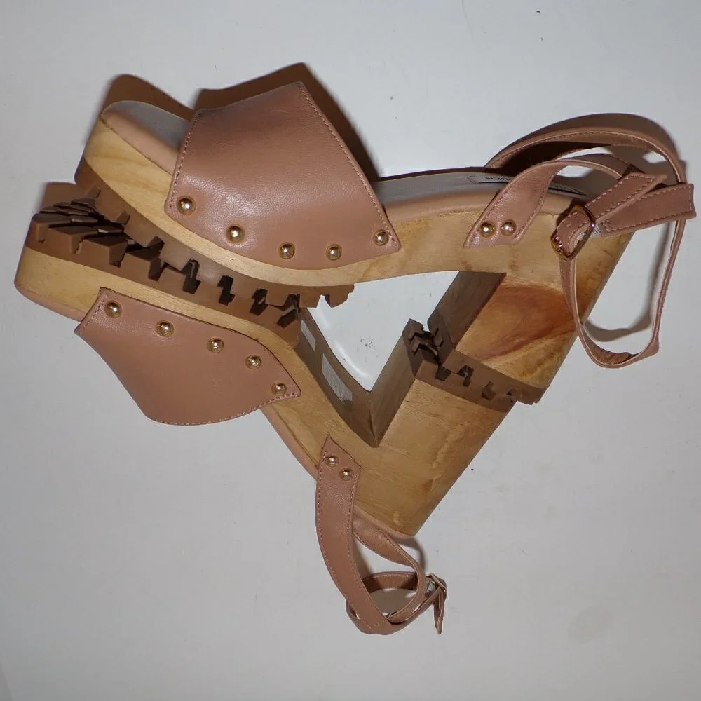 Steve Madden Ocala Tan Leather Ankle Strap Squared Open Toe Studded Wood‎ - Picture 4 of 8